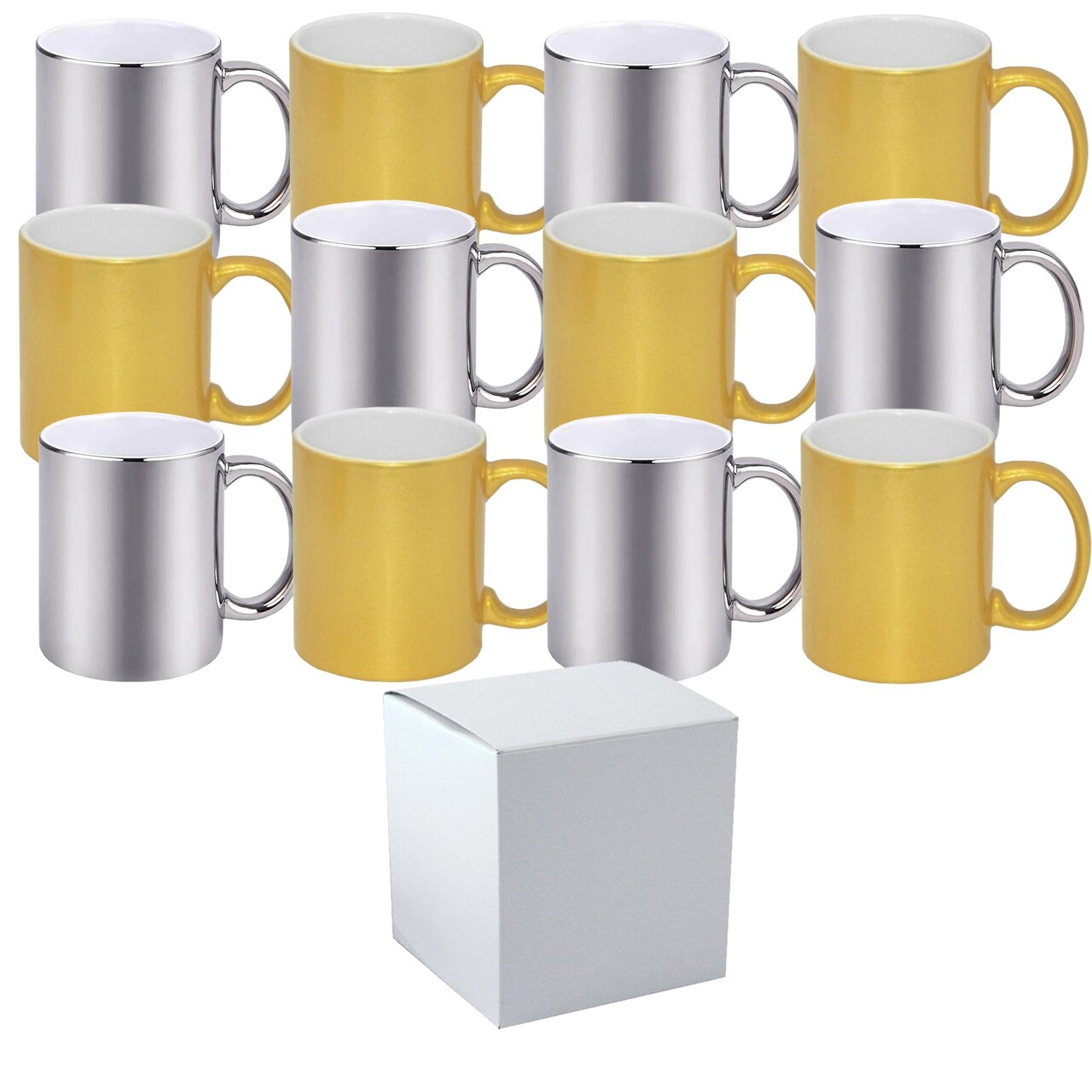 12 Pack 11 oz. METALLIC SILVER & GOLD Mixed outer & Handle- Ceramic Sublimation Mugs - Professional Grade - With Individual White Gift Boxes